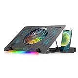 Laptop Fan Cooling Pad with Phone Stand, Ultra-Thin Gaming Laptop Cooling Stand, with 5 Quiet Cooling Fans, Laptop Fan Cooler Height Adjustable with 2 USB Ports, and RGB Lights, for Laptop 15-17 Inch