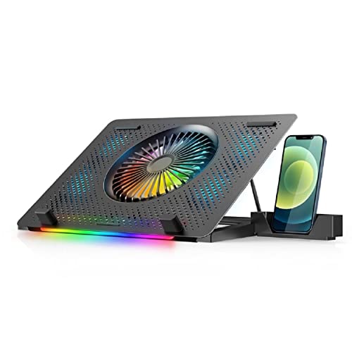 Laptop Fan Cooling Pad with Phone Stand, Ultra-Thin Gaming Laptop Cooling Stand, with 5 Quiet Cooling Fans, Laptop Fan Cooler Height Adjustable with 2 USB Ports, and RGB Lights, for Laptop 15-17 Inch