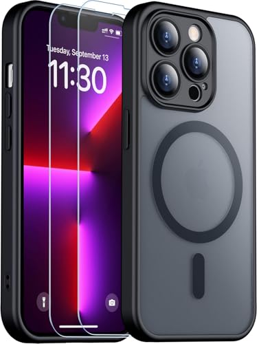 SPIDERCASE for iPhone 13 Pro Case, Magnetic Translucent Matte Case with 2PCS Tempered Glass Screen Protector Slim Phone Case for iPhone 13 Pro 6.1'', Black