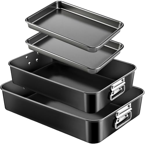Acellegic 4 Pcs Lasagna Baking Pan for Oven, 16/13.8/10 Inch Baking Dishes for Oven, Roasting Pans with Stainless Steel Handles, Heavy Duty Deep Bakeware for Cake and Brownie