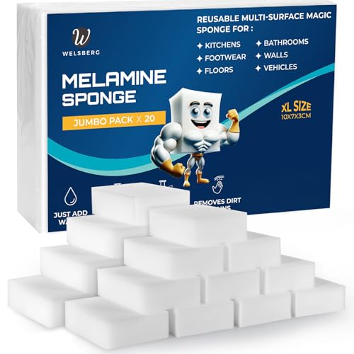 Welsberg Borrador Mágico 20 Piezas, Esponja de Melamina de Limpieza 10x7x3 cm, Goma de Borrar de Suciedad para Paredes Blancas, Zapatos, Suelos, Hogar, Cocina, Baño, Blanco