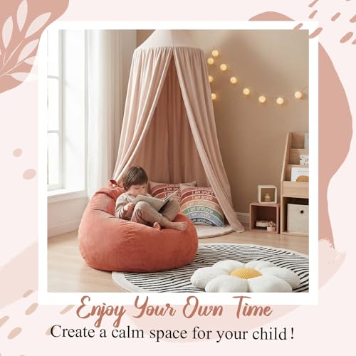 Image of 5 Pcs Kids Reading Corner Set Reading Nook Bean Bag Chair Cover with Canopy Tent, Throw Pillow Cover (No Filler) and Flower Pillow for Bedroom Playroom Nursery Corner Decoration(Beige)