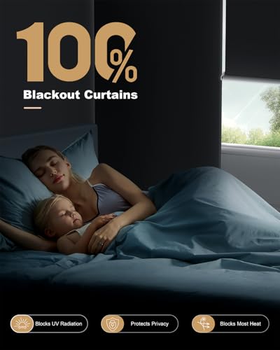 TRYAST 100% Blackout Roller Shades, Cordless No Tools No Drill Blinds for Indoor Windows, Thermal Insulation UV Protection, Easy Install Blackout Curtains with Rod & Buckles(32