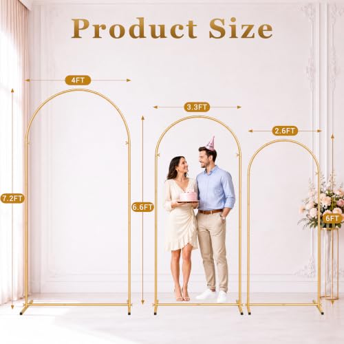 Image of GRENTY Wedding Arch Backdrop Stand Set of 3, 7.2FT, 6.6FT & 6FT Gold Metal Balloon Arch Frame for Flowers, Wedding Ceremony, Birthday, Baby Shower and Party Decor