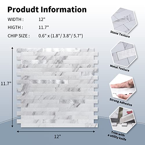 Longking 1-Sheet Peel And Stick Backsplash Tile, Pvc Stick On Tile For Kitchen, Bathroom Vanities, Fireplace Décor – White Marble Interspersed With Metal Silver #TOP3