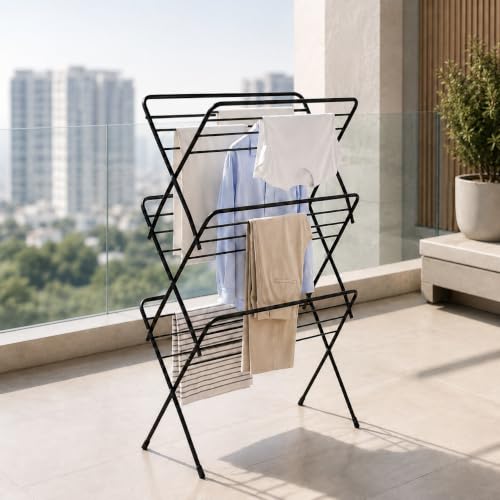 Image of Lifelong Foldable Alloy Steel Cloth Drying Stand for Balcony|3-Tier Heavy Duty Laundry Rack for Indoor & Outdoor|Portable Standing Clothes Dryer with Anti-Slip Feet|Space Saving Steel Rack for Home