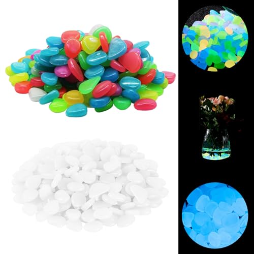 600 Stück Leuchtsteine, Bunt Leuchtende Steine Weiß Mini Muggelsteine Gartendeko Leuchtet im Dunkeln Kieselsteine für Gartengehweg Deko Pflanzen Topf Aquarium