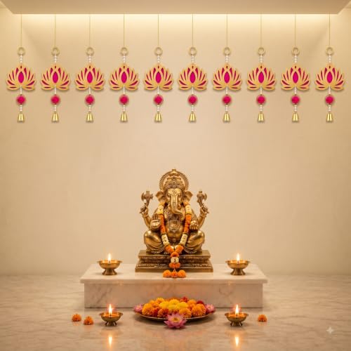 Image of JH Gallery Golden Bell Lotus - Handmade Ganpati Decoration Setup for Home, Ganesh Chaturthi Mandap Decor, Pooja Room, Temple & Door Hanging (24 Inch, Pack of 10)