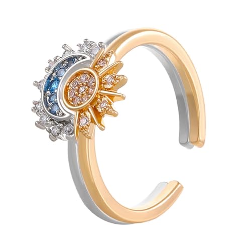Reccisokz 2 Piezas Anillos De Mujer,Anillos De Mujer Sol De Plata Y De La Luna Niñas Abierto Ajustable Alivio De Estrés Anillos De Diamantes Anillos Analógicos De Oro De Circonita Cumpleaños