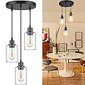 MAXvolador Industrial 3-Light Pendant Light, Adjustable Hanging Light Fixture with Clear Glass Shade, Pendant Lighting E26 Base Ceiling Lamp, Black