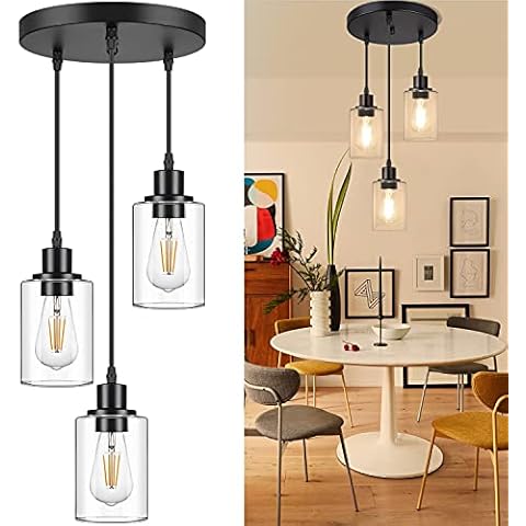 MAXvolador Industrial 3-Light Pendant Light, Adjustable Hanging Light Fixture with Clear Glass Shade, Pendant Lighting E26 Base Ceiling Lamp, Black Cover