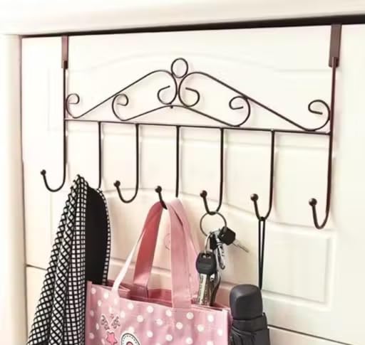 Over the Door Hook Rack, 7 Hooks, 38.4x24.1 cm, Bronze | Decorative Scroll Design, No Tools Required, Coats & Bags Organiser, Metal Construction, Entryway Storage-image-23
