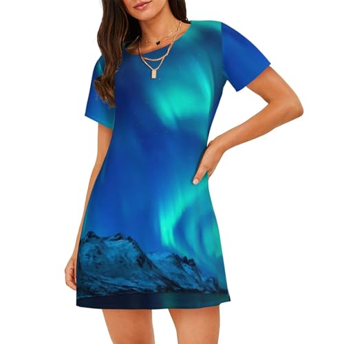 ERCgad Camisón de manga corta para mujer con estampado de auroras boreales, suave, transpirable, para verano, vacaciones en casa, Negro, XXL