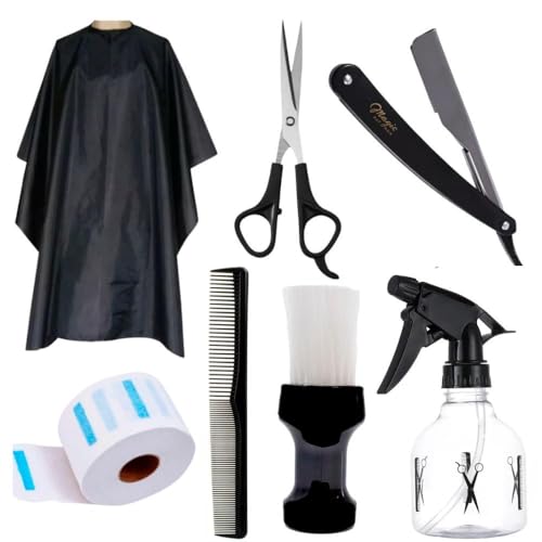 Kit Barbeiro Capa Corte + Borrifador + Gola + Tesoura + Navalhete