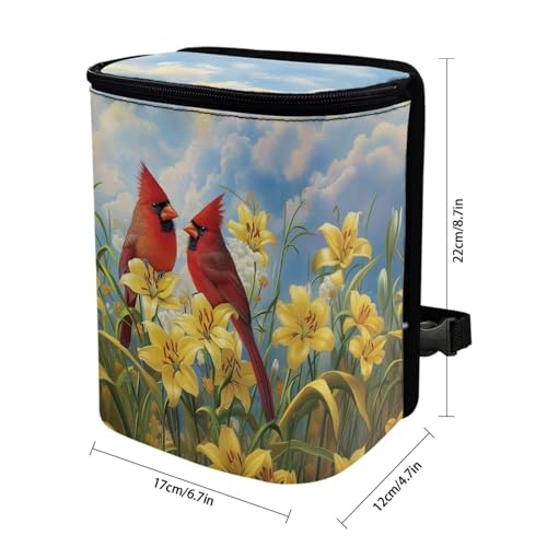 Image of Talayituse Cardinal Lily Flower Print Car Trash Can with Adjustable Straps, Zip Closure Car Trash Bag Bin Auto Garbage Bag Multipurpose Storage Box for Vehicle Travel Camping Picnicing