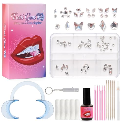 Gansdnek Tooth Gem Kit 64 Pcs DIY Tooth Jewellery Set Teeth Crystal Decoration DIY Tooth Gemstones Removable Dental Ornaments Tooth Ornaments with Glue for Beautifying and Decorating Teeth