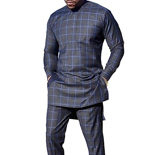 Long Sleeve Dashiki Suit for Men African Traditional Shirt and Pants with Pockets 2 Piece Outfit Set (Color : Blue, Size : 4X-Large)