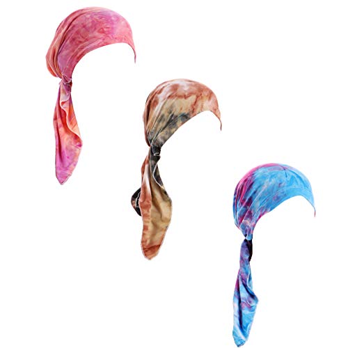 Pre Tied Tie Dye Head Scarves 3 Packed Slip On Beanies Chemo Covers Cap for Women (D4-Long Strap-3packed)
