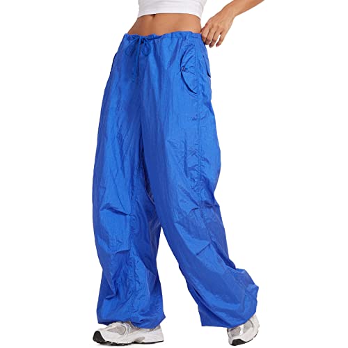 Qtinghua Pantalones cargo holgados de cintura baja para mujer, Indie estético, con cordón, sueltos, pierna ancha, hip hop, pantalones deportivos hippie punk Streetwear, azul, S Cover