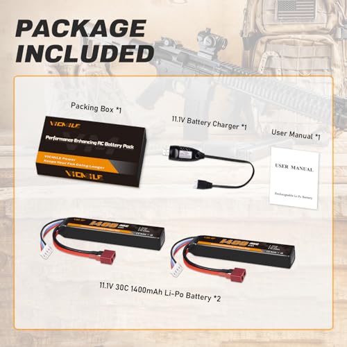 VICMILE 3S Airsoft Battery 30C(Burst 60C) 11.1V 1400mAh Dean-Style T Plug with 11.1V USB Charger Fit for Most Airsoft Model Guns Gel Water Bead Blaster 2PACK - Thumbnail 7