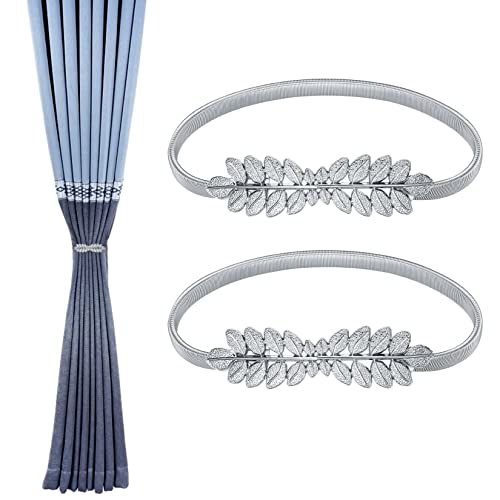 2 Piezas Abrazaderas Cortinas, Alzapaños Cortinas, Sujeta Cortinas Ajustable con Cuerda de Resorte Metal Decorativas para Decoración de Ventanas Hogar Oficina - Hoja Plata Cover