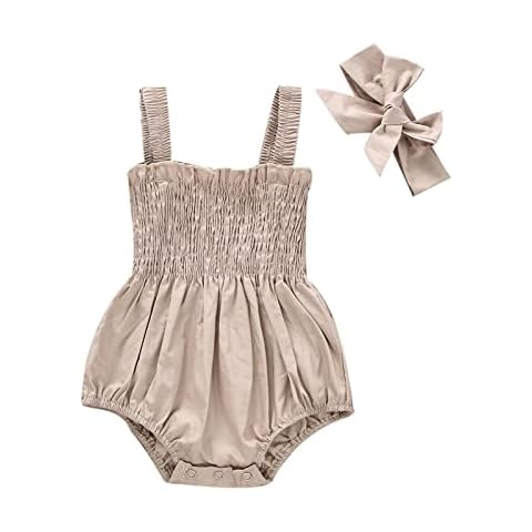 ICECTR Cute Newborn Baby Girls Clothes Sleeveless Ruffled Frill Romper Sling Bodysuit Jumpsuit with Headband Summer Outfits (Khaki, 0-3 Months) Cover