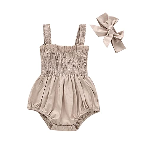 Chzstarly Newborn Baby Girls Romper Solid Color Ruched Casual Sleeveless Suspender Jumpsuit Summer Bodysuit With Headband (Khaki, 3-6 Months) #TOP15