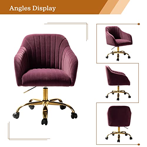 Hulala Home Velvet Home Office Desk Chair, Modern Cute Computer Task Chair, Wheels Swivel Height Adjustable Upholstered Vanity Chair For Women, Girls (Gold Base, Purple) #TOP2