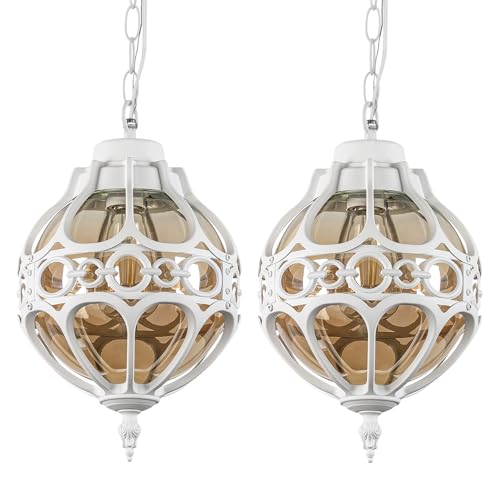 Globe Outdoor Pendant Lights, White Aluminum Waterproof Hanging Light Fixture for Porch Entryway Hallway, Vintage Round Exterior Chandelier, Outside Pendant Lamp with Amber Glass, 2 Pack