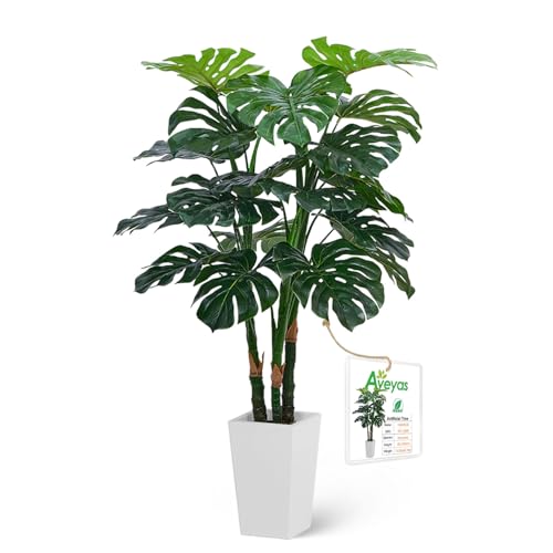 Aveyas 4ft Tall Artificial Monstera Deliciosa Plants 4 Feet Faux Swiss Cheese Plants Fake Silk Tree with Pot for Indoor Outdoor Office House Living Room Home Decor (4 ft Tall Including Raised Pot)