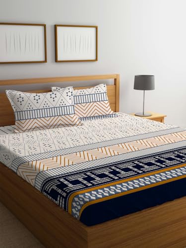 LOOMLYFE 300 TC Cotton Feel Glace Cotton Elastic Fitted Printed Queen Size Double Bed Bedsheet with 2 Pillow Covers Fits Upto 8 inches,Size- 60x78x10 Inches, BlueT