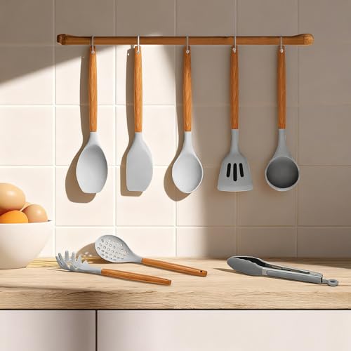 Kitchen Utensils Set - 12 Pcs Silicone Cooking Utensils Set with Wooden Handle - Heat Resistant Non-Stick BPA Free Spatula Set,Turner, Spoon, Brush, Silicone Kitchen Gadgets Utensil Set by SOFSN - Image 6