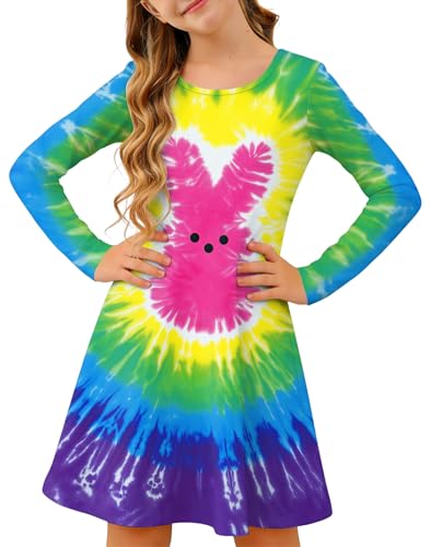 Image of Ithalt Girls Easter Dress Bunny Print Shirts Easter Long Sleeve Dresses Litter Girls Christian Easter Gifts 5-12y