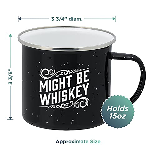 Enamel Camping Coffee Mug "Might Be Whiskey" Large Tin Cup 16 Ounce , (Midnight Black) #TOP1
