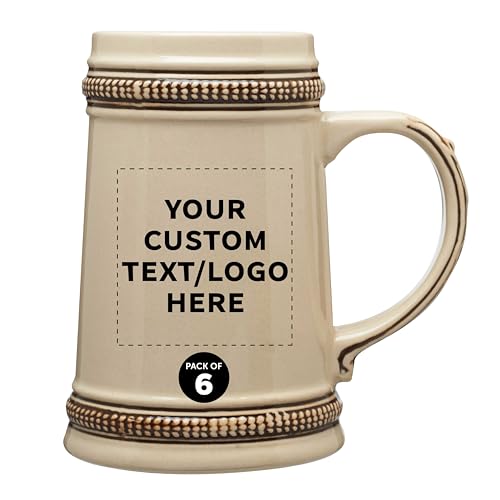 Custom Ceramic German Beer Steins 18.5 oz. Set of 6, Personalized Bulk Pack - Restaurant Barware, Great for Oktoberfest, Wedding, Party, Birthday, Events - Brown