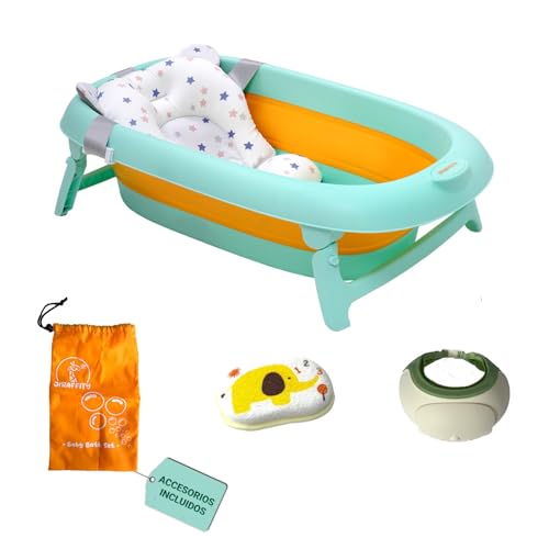 JIRAFFITY Bañera Plegable Bebé - Bañera portatil con cojin antideslizante, Gorro de Ducha, Esponja y Bolsa – Bañera bebe plegable ideal para niños de 0-3 Años
