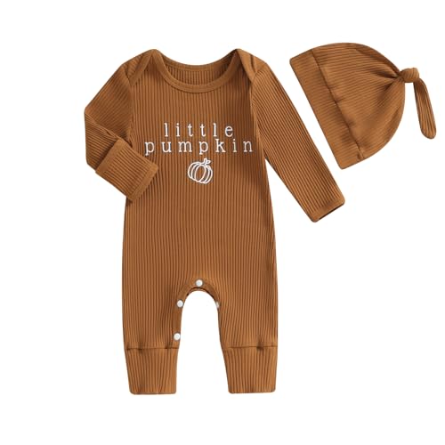 Image of Sasaerucure Infant Baby Boy Halloween Clothes Knit Long Sleeve Onesie Newborn Boy Pumpkin Jumpsuit + Hat Set