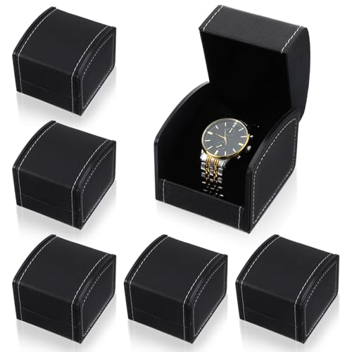 Limbeuuu 6 Packs Single Grid Watch Box with Pillow, PU Leather Gift Case for Bracelet, Jewelry Wristwatch Storage, Watch Display Holder for Men and Women, Single Watches Roll Organizer, Black