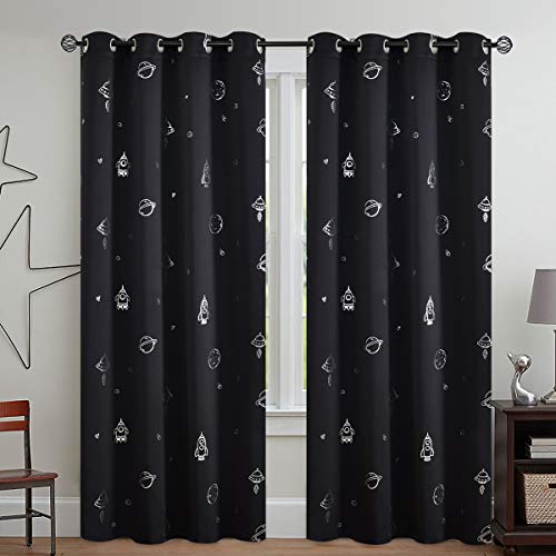 Vangao Black Blackout Curtains Space Theme For Boys Kids Nursery Girls Room Silver Foil Print Grommet Top Window Drapes 84 Inches Long 2 Panels For Bedroom Living Room #TOP1