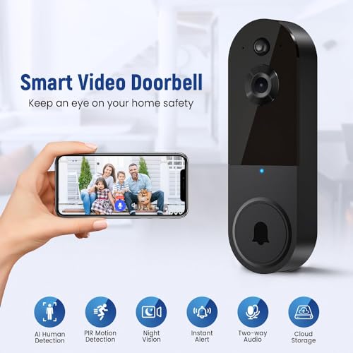 guggre 1080P Smart Video Doorbell Camera Wireless with Ring Chime, AI Human Detection, 2-Way Audio, Live View, 2.4G WiFi, Night Vision, Easy Mount Installation for Indoor Outdoor Surveillance