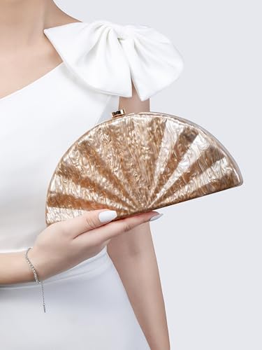 Image of Acrylic Fan Shell Clutch Purse Elegant Marbled Unique Handbag with Detachable Chain for Party Cocktail Wedding