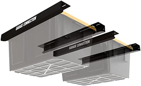 Overhead Garage Storage Bin Rack - Ceiling Bracket for Holding Gallon Tote - Organization Steel Black Shelving and Track (2 Pack)
