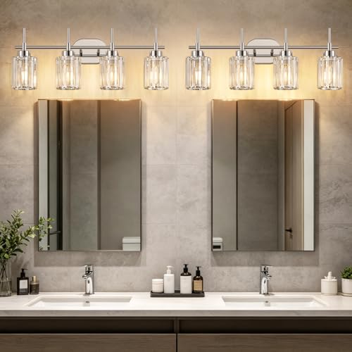 Image of Modern K9 Crystal Bathroom Vanity Light Fixtures, 4-Light Chrome Vanity Lighting Over Mirror, Clear Crystal Shades, Modern Bathroom Light for Bedroom Living Room Hallway Dressing Room