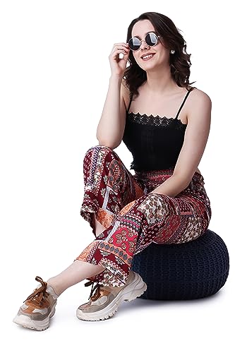 Image of POPWINGS Casual Boho Printed Side Wide Leg Trousers for Women || Summer Wear Comfortable Pull-On Women Trousers || Western Loose-Fit Trousers || Stylish Women Casual Trousers