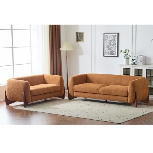 Image of Christopher Knight Home Almad 2 Pieces Sofa Couch Set, Cozy 3-Seater Sofa and Loveseat for Living Room, Upholstered Couch Chair, Soft Seating Lounge Sofa with Wood Frame, Boucle Fabric, Caramel Brown