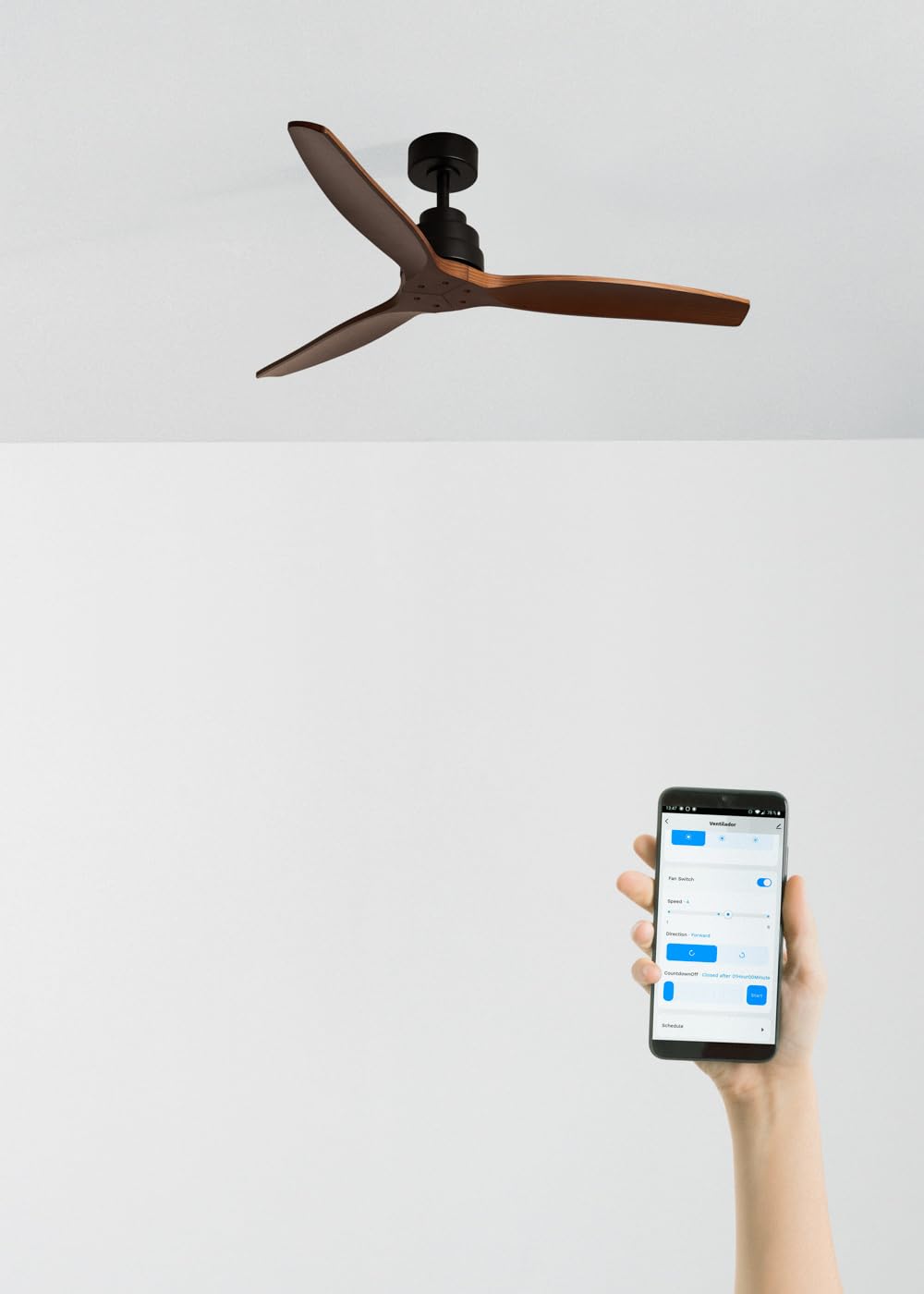 CREATE / WINDSTYLANCE M/Ventilatore da soffitto ABS nero pale effetto legno scuro con Wifi e telecomando / 40W, Silenzioso, Ø132 cm, 6 velocità, estate-inverno, doppia altezza, motore DC