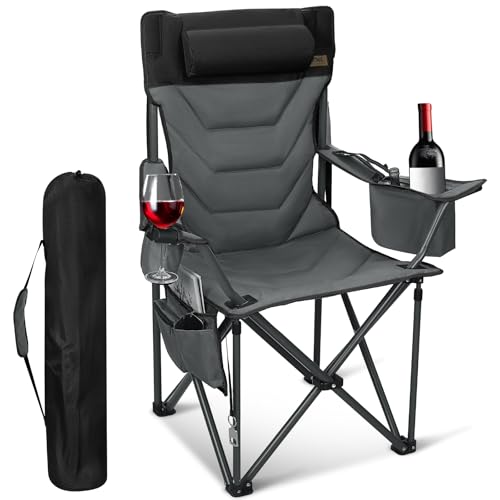 Oversized High-Back Camping Chairs with Pillow, Dual Cup Holders & Cooler Bag - Heavy Duty Foldable...
