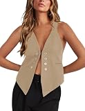 Floral Find Women's Casual Versatile Button Up Sleeveless Vest Sexy V Neck Jacket Waistcoat (Khaki, Medium)