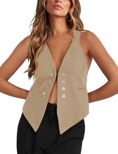 Floral Find Women's Casual Versatile Button Up Sleeveless Vest Sexy V Neck Jacket Waistcoat (Khaki, Medium)