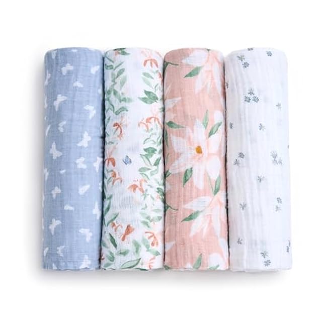 aden + anais Essentials Disney Muslin Swaddle Blankets for Baby Girls and Boys, Newborn Receiving Blanket for Swaddling, 100% Cotton Baby Swaddle Wrap, 4 Pack, Winnie + Friends